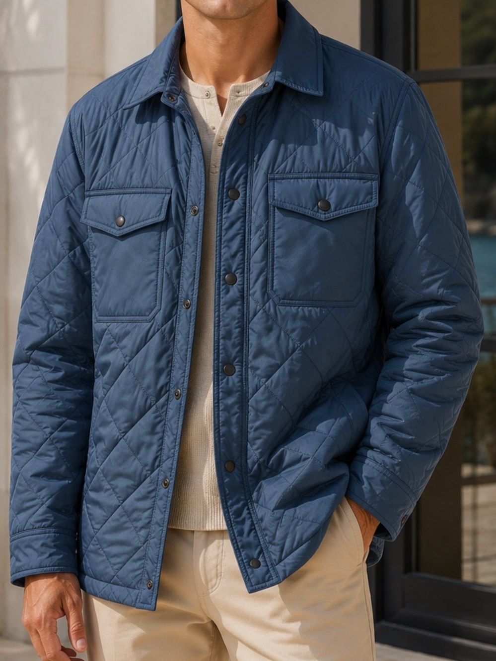 Quilted Large Mens Jacket Old Navy Blue Button Snap Front Lightweight Coat Patch